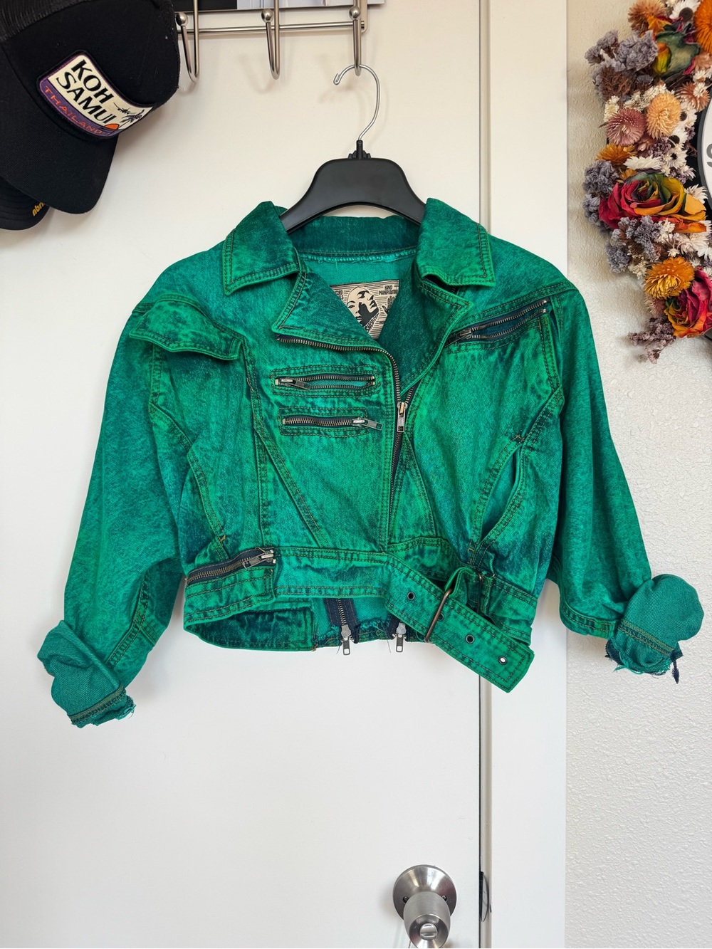 Cropped green up-cycled denim Moto Jacket